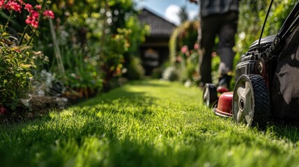 Fototapeta premium A lawnmower on lush green grass in a backyard garden on a sunny day. Depicts lawn care, landscaping, and general home maintenance concepts.