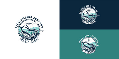 The design for an emblem logo for a spearfishing company features a skilled diver underwater alongside a vibrant tuna, with a prominent North Star shining above, symbolizing guidance and adventure.