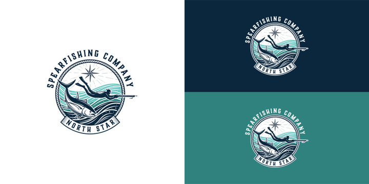 The design for an emblem logo for a spearfishing company features a skilled diver underwater alongside a vibrant tuna, with a prominent North Star shining above, symbolizing guidance and adventure.