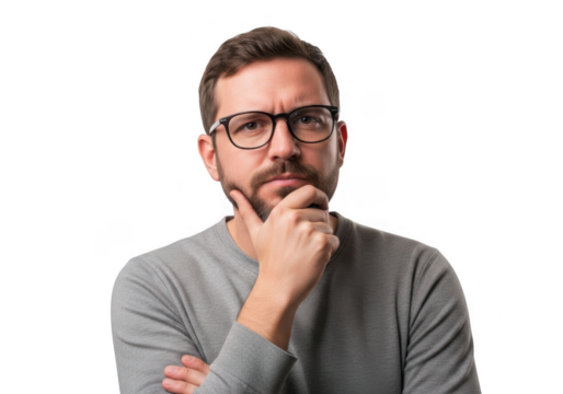 Thoughtful man wearing glasses gesturing chin in contemplation transparent background