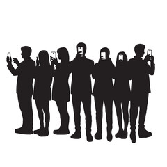 Black silhouettes of people holding and looking at smartphones group mobile phone