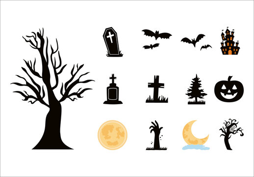 Black And Orange Halloween Spooky Silhouettes Icons Set