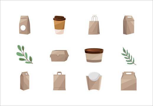 Beige And Green Eco Packaging Mockups Recyclable Illustrations Set