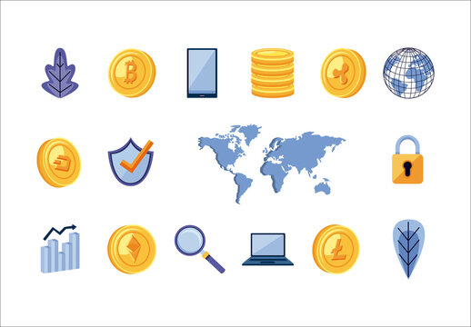 Blue And Yellow Cryptocurrency Finance Wallet Security Icons Set