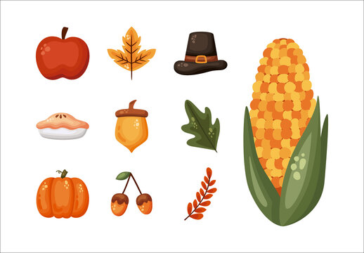 Brown And Orange Thanksgiving Celebration Autumn Fall Harvest Illustrations Set