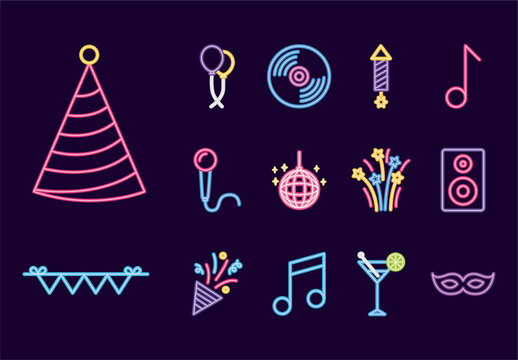 Colorful Neon Party Celebration Festival Icons Set