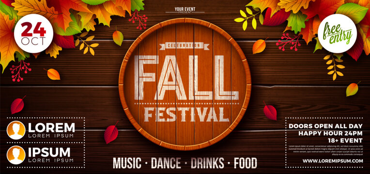 Autumn Fall Festival Party Flyer Illustration with Beer Barrel, Falling Leaves and Typography Lettering on Vintage Wood Background. Vector Colorful Autumnal Design for Celebration Flyer, Banner