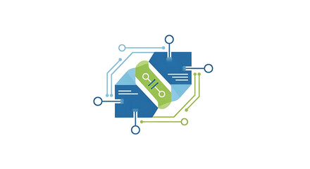 Abstract technology design featuring a green capsule shape and connecting lines on a white background