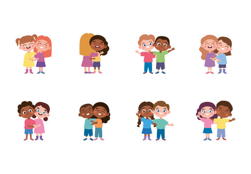 Colorful Children Hugging Friendship Kids Illustrations Set
