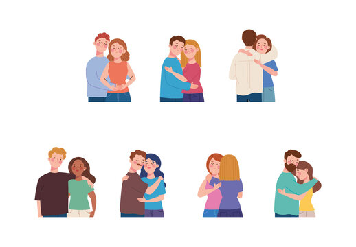 Colorful People Hugging Love Couples Embrace Affection Illustrations Set