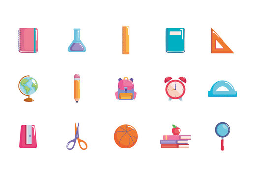Colorful School Education Supplies Learning Icons Set