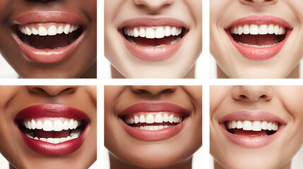 Diverse smiling mouths showcasing healthy white teeth and happy expressions collage