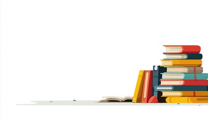illustration of books, stacked on the left side and in the bottom right corner with a white background with flat colors, in a colorful, cartoon style Generative AI