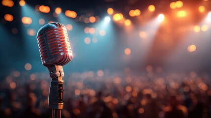 Retro microphone stands on stage with crowd and bright lights. Ideal for music, entertainment, or live performance themed projects.