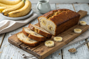 A vertical shot of delicious banana bread in a loaf pan with chocolate chunks and walnut on a table