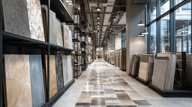 Ceramic tile selection displayed on retail shelves, featuring diverse colors, patterns, and textures for home renovation design choices