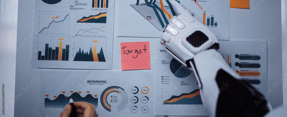 Poster a robotic hand interacts with various business charts and infographics displayed on a wall, emphasiz