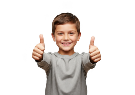 Happy young boy giving two thumbs up gesture of approval and positive emotion transparent background