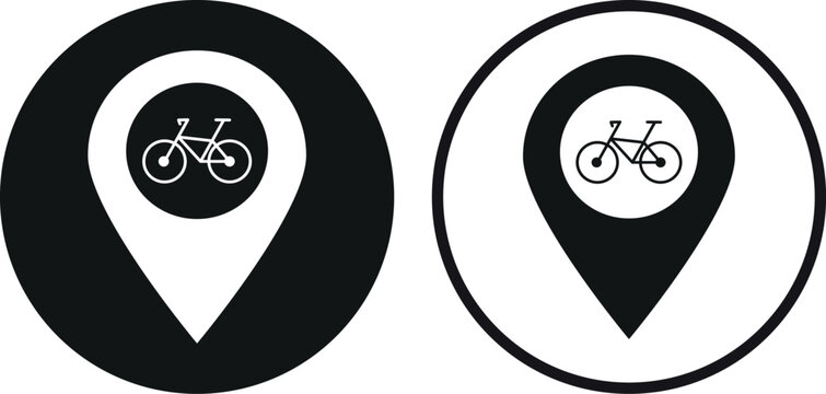 Bicycle location icon set in two styles . Map pointer with bicycle icon . Vector illustration