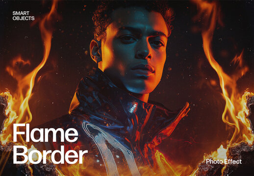 Flame Border Photo Effect Template, Burning Fire Frame Overlay