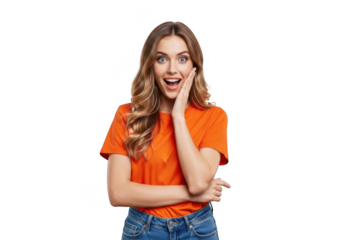 Astonished young woman with open mouth and hand on cheek reacting to surprise transparent background