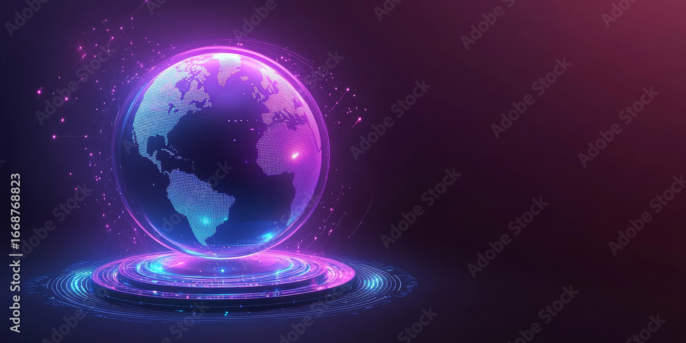 Poster a neon-lit 3d rendering of a holographic globe on a pedestal. this image is suitable for websites or