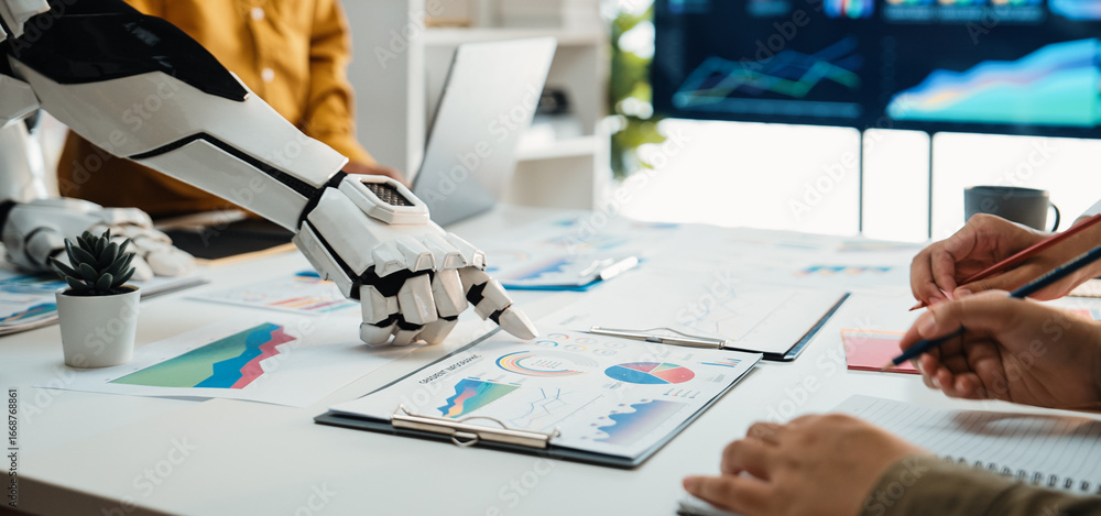 Poster a dynamic workspace showcasing the interaction between a robot and a human during a data analysis se