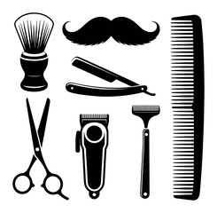 Collection of Vintage Barber Tools and Mustache Icon