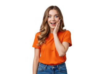 Surprised young woman with open mouth touching her face wearing an orange shirt and jeans transparent background
