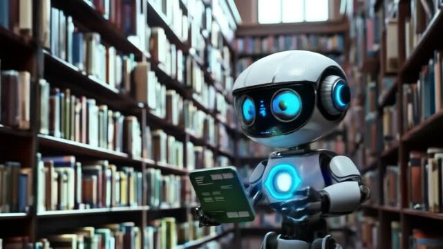A white robot reads a book in a large library.