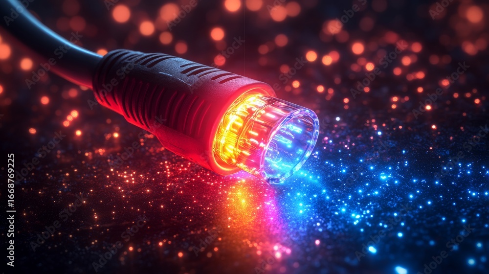 Aufkleber futuristic and abstract illustration of a glowing network cable transmitting data as a stream of red