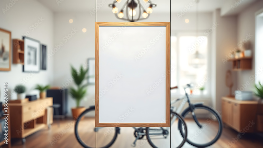 Poster blank mock up poster frame in hipster interior background with bicycle scandinavian style 3d render