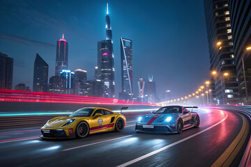 Gameplay of a Racing Simulator Video Game with Interface. Computer Generated 3D Render of Car Driving Fast and Drifting on a Night Highway in a Futuristic Big City.