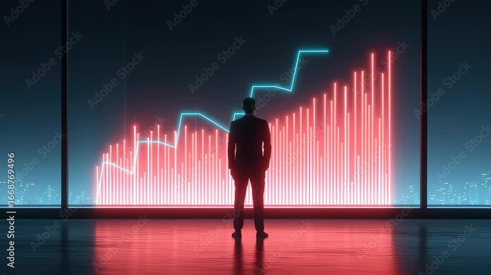 Poster business professional analyzing data trends with colorful graphs in modern office setting