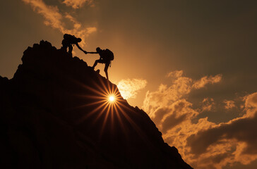 Naklejka premium A silhouette of one boy helping girl reach the top, reaching out their hand to help someone else up from a mountain peak, with sunlight shining through in the background. The scene conveys unity and d