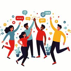 A diverse group of happy people celebrates successful teamwork and community with high-fives, surrounded by colorful social media icons.