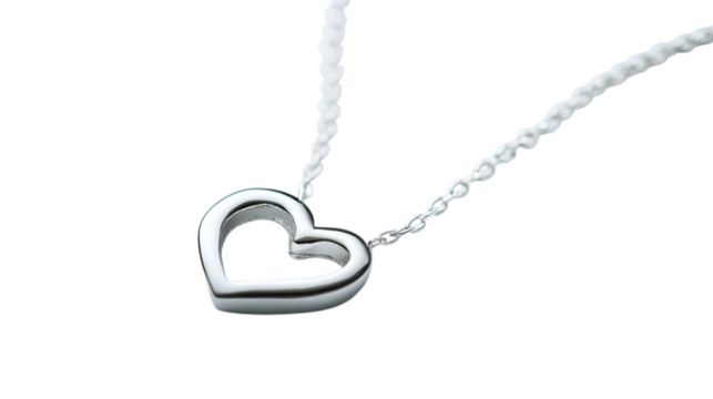 • A silver necklace with a heart pendant for Mother’s Day, isolated on white background in HD - Powered by Adobe