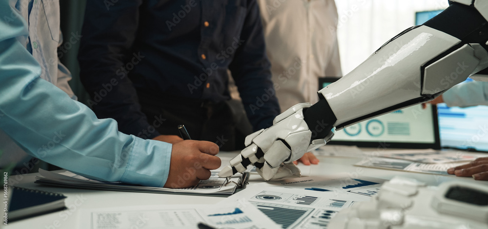 Poster a dynamic scene showing a robot arm assisting a human in a collaborative business meeting, emphasizi