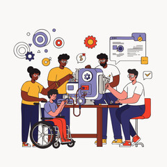 A diverse and inclusive team of professionals collaboratively works on an advanced technological machine, demonstrating innovation and problem-solving skills.