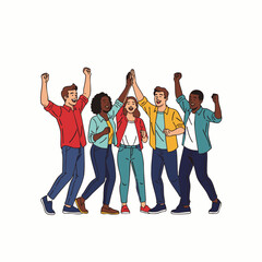 Obraz premium A diverse group of happy young friends celebrates their success and teamwork with raised hands and high fives, embodying unity and achievement.