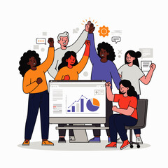 A diverse team of professionals celebrates a significant business achievement, showcasing successful collaboration, data-driven growth, and shared triumph.