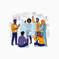 A diverse team of professionals actively collaborates, analyzing complex business data and digital metrics on an interactive transparent screen, fostering innovation.