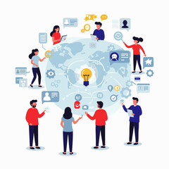 Diverse professionals worldwide engage in digital collaboration, sharing innovative ideas and connecting through a global network of technology and communication.