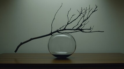 Minimalist still life with dry branch in glass vase creating stark aesthetic design