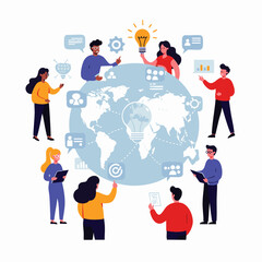 Diverse professionals collaborate globally around a world map, symbolizing innovative business strategies, effective idea generation, and teamwork.