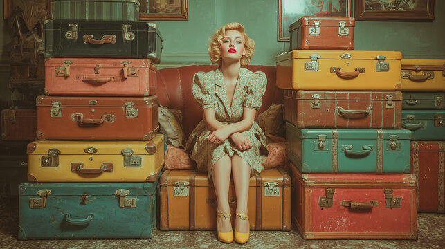 Vintage travel-ready suitcases stacked, young woman sitting surrounded by luggage, nostalgic retro travel mood