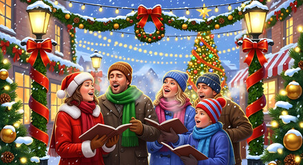 A group of people singing christmas carols in a snowy town square decorated for the holidays with lights