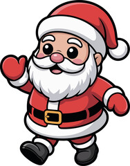 Cute cartoon Santa Claus walking and waving in festive red suit and hat on transparent background