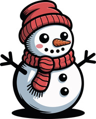 Cute cartoon snowman wearing red winter hat and scarf with carrot nose and button eyes on transparent background
