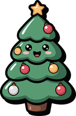 Cute cartoon Christmas tree with ornaments, star on top, and smiling face for holiday decoration on transparent background
